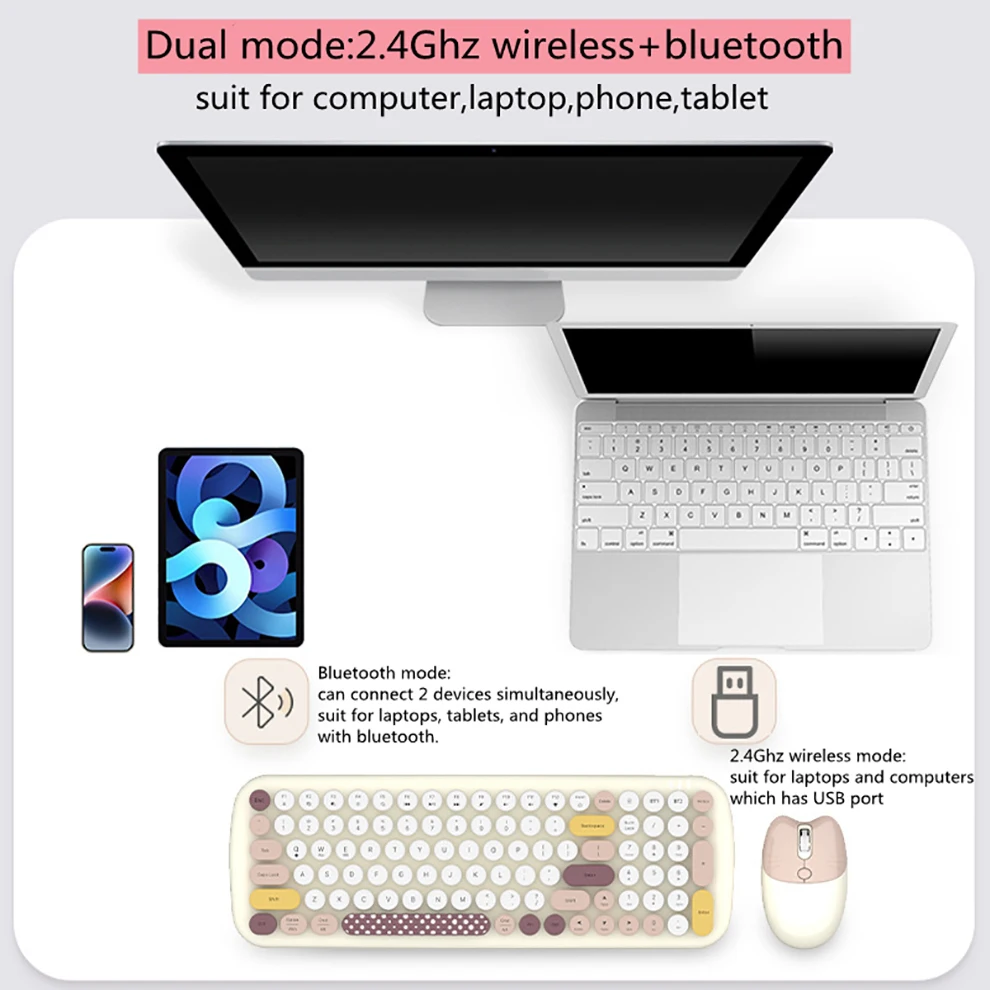 BOW Niedliches 2,4-GHz-Funk-Bluetooth-Tastatur-Maus-Set mit runden Tastenkappen für PC, Laptop, Smartphone und Tablet_voghion.com