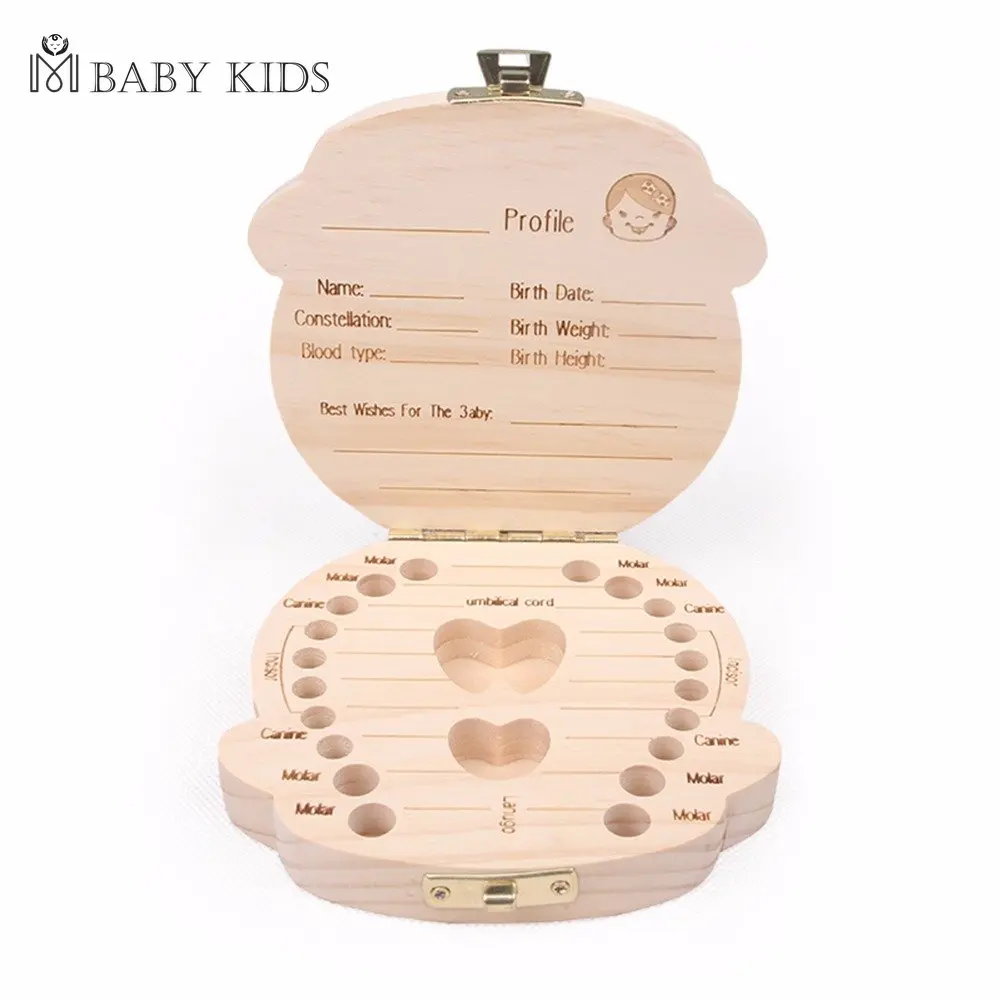 Baby Wood Tooth Box Organizer Milk Teeth Storage Language Spain English Collect Teeth Umbilica Save Gifts Baby Tooth Box