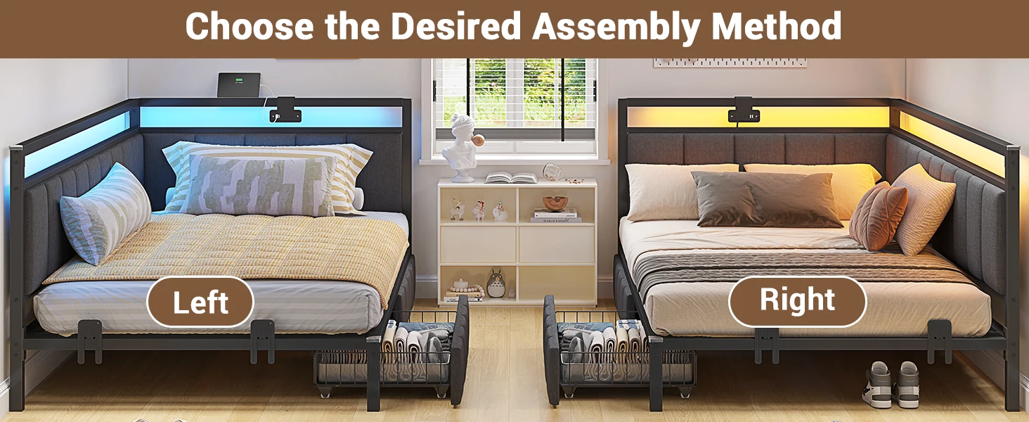 Corner Bed Frame Twin Size with LED Lights and Charging Station