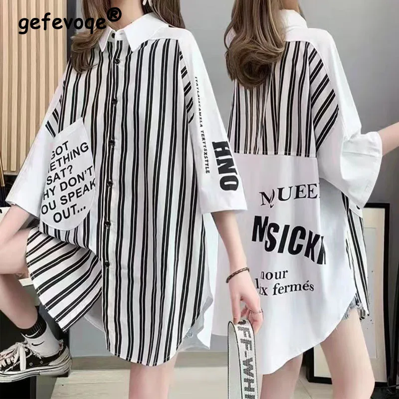 Stripe Sense of Design Streetwear Thin Single Breasted Loose Medium Length Women Shirt Turn-down Collar English Letter Pattern