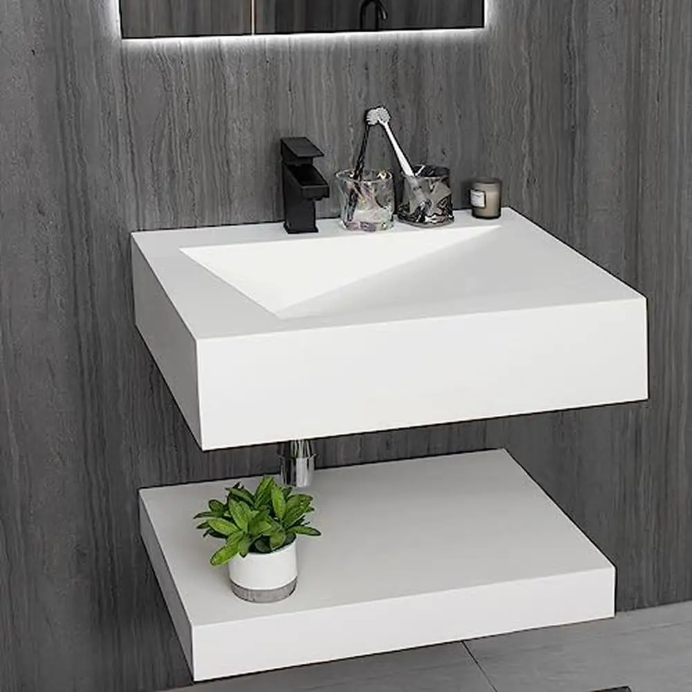 Modern Wall-Mount Rectangular Bathroom Sink Floating Vanity Shelf Set Stone Resin Vessel Sinks White Trough Drainage Smooth 2