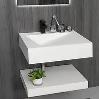 Modern Wall-Mount Rectangular Bathroom Sink Floating Vanity Shelf Set Stone Resin Vessel Sinks White Trough Drainage Smooth 2