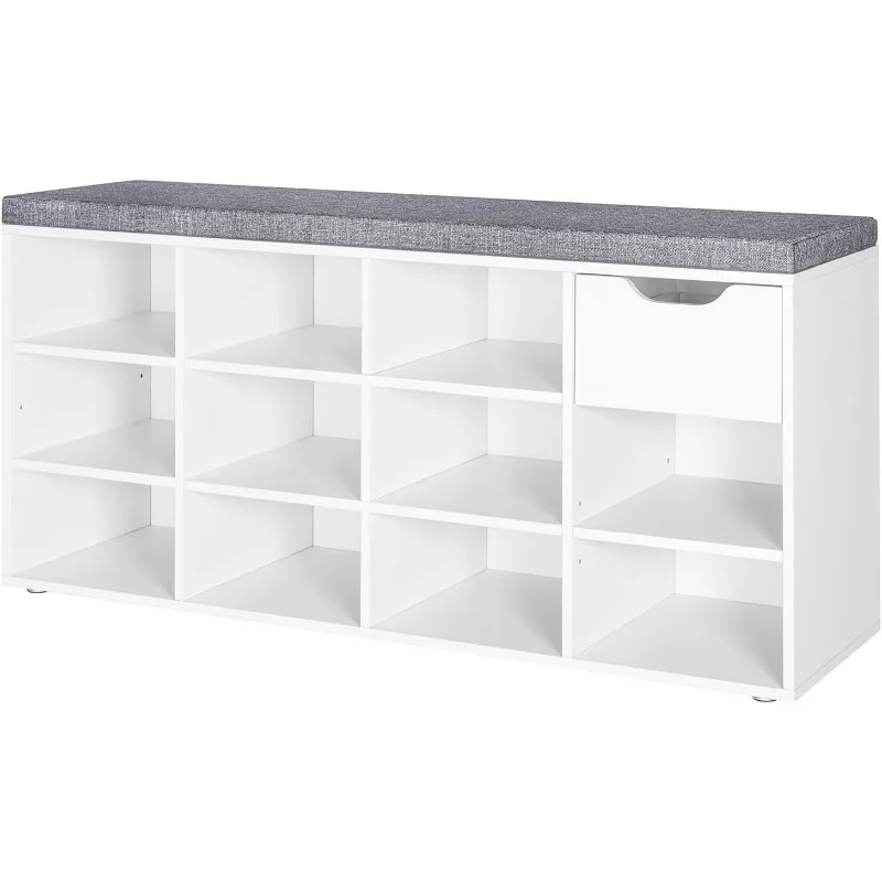 Shoe Bench, Entryway Storage Bench with Drawer and 11 Cubbies, Cubby Shoe Rack with Adjustable Shelves, Shoe Organizer Cabinet
