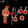 6PCS/Set Women's Red Alloy Watch Strap Fashionable Rhinestone Quartz Watch Necklace Earrings Jewelry Set 1