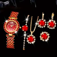 6PCS/Set Women's Red Alloy Watch Strap Fashionable Rhinestone Quartz Watch Necklace Earrings Jewelry Set 1