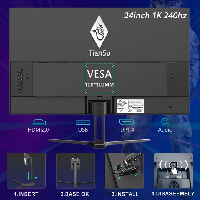 240Hz 재생률, 1ms 응답 시간, HDR400 지원으로 게임용으로 최적화된 티안수 PC HDMI FHD 디스플레이