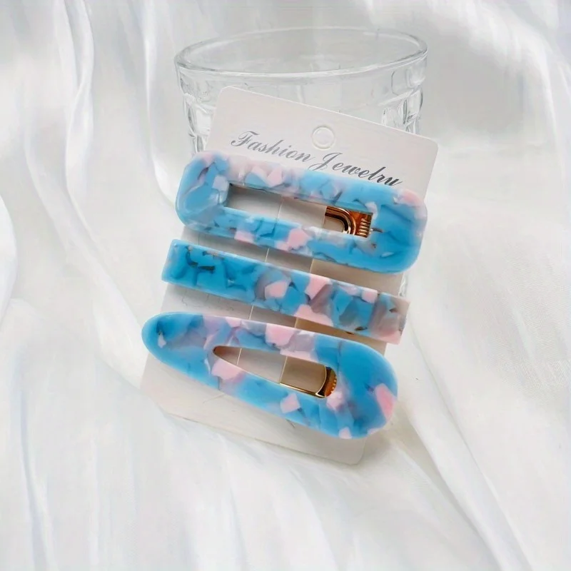 3-teiliges Set Acetat-Haarspangen: Hohle Wassertropfen-Form, Lange Streifen-Haarspange, Einfache Entenschnabel-Klammer, Leoparden-Haarspange, Geometrische Haarspange – Detail 8