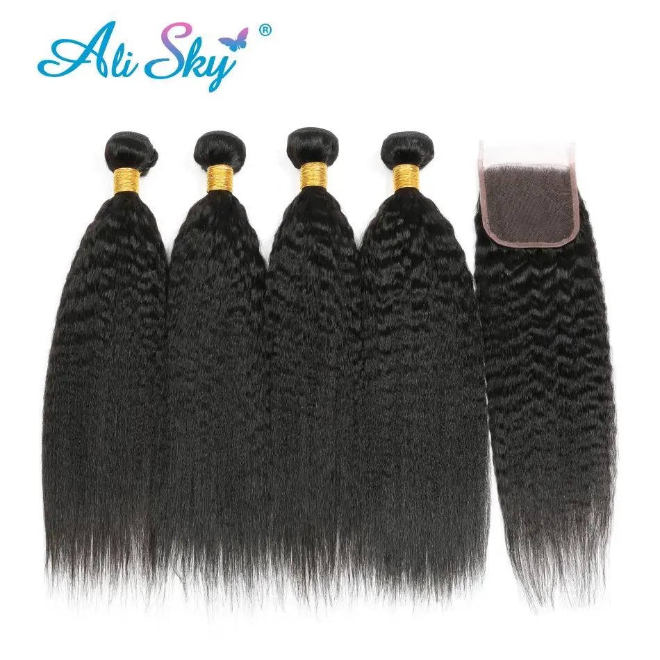 

Kinky Straight 3/4Bundles With 4X4 Lace Closure tissage humain hair raw indian human hair sew in bundles on clearance sale Cheap