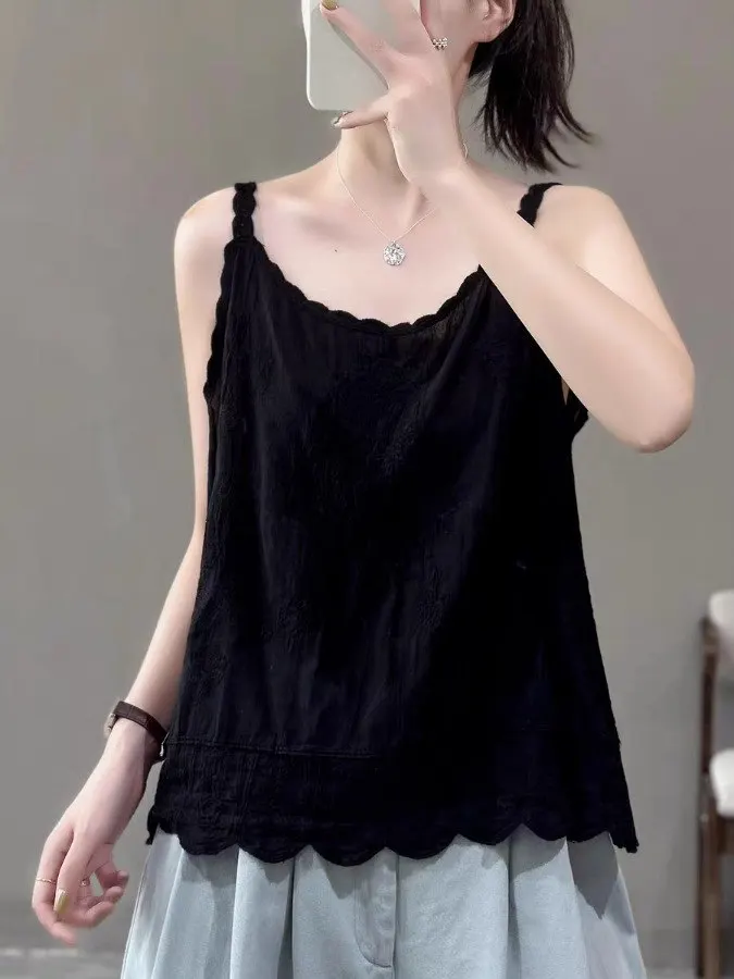 Retro Artistic Sle Embroidered Lace Tank Top Women's Summer Slimming Loose Svel Vest Versatile Casual Floral Pattern