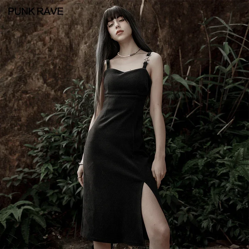 

Женское платье-комбинация в стиле Панк RAVE, готическое повседневное асимметричное плотное платье-комбинация на лямках с разрезом и плюшевым утеплителем, черные сексуальные платья