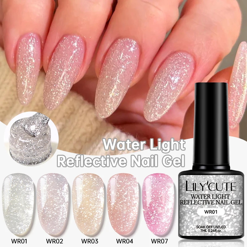 LILYCUTE Gel Réfléchissant en Verre 7ml, Paillettes Couleur Nude, Gel à Ongles Scintillant Effet Perles de Verre, Vernis à Ongles Effet Flash, Gel UV Soak Off pour Nail Art 1