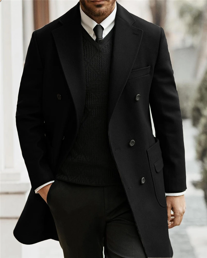 Mens Suit Trench Coat Notched Lapel Double Breasted Long Winter Jacket