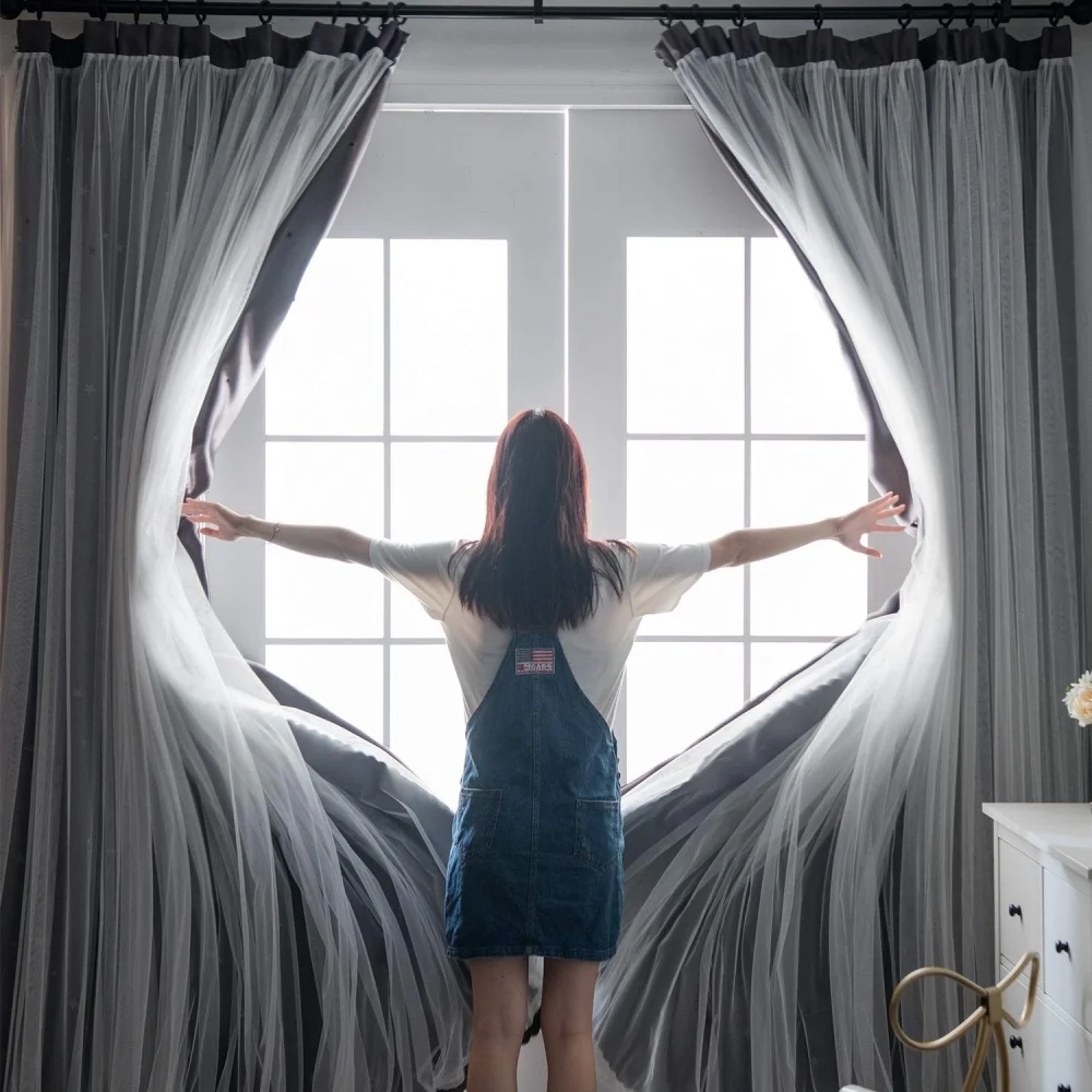 Description Picture 4 of item1Pc/2Pcs Blackout Curtains Romantic Hollow Star Curtain Double Layer with Lace Princess Girls Room Window Treatments for Bedroom