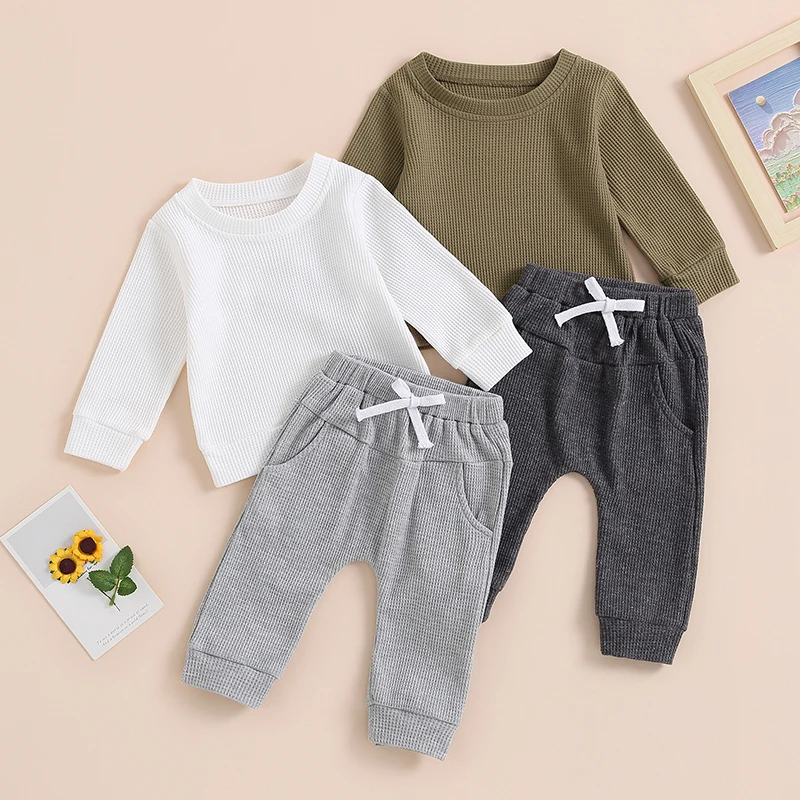 

Toddler Baby Boys 2PCS Pants Sets Long Sleeve Waffle Knit Crewneck Tops Drawstring Pants Sets Spring Autumn Casual Outfits
