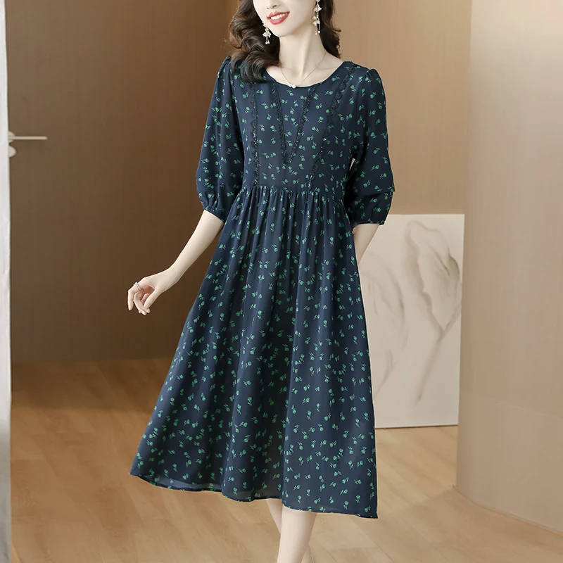 

2023 New Fashion Silk Mulberry Silk Printed Dress Women's Summer Vintage Round Neck 5/4 Sleeve Loose Fit Leisure Vacation Vestid