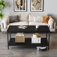 Black Coffee Table for Living Room Modern Rectangle 2-Tier Coffee Tables with Storage Industrial Wood Center Table for Large 1