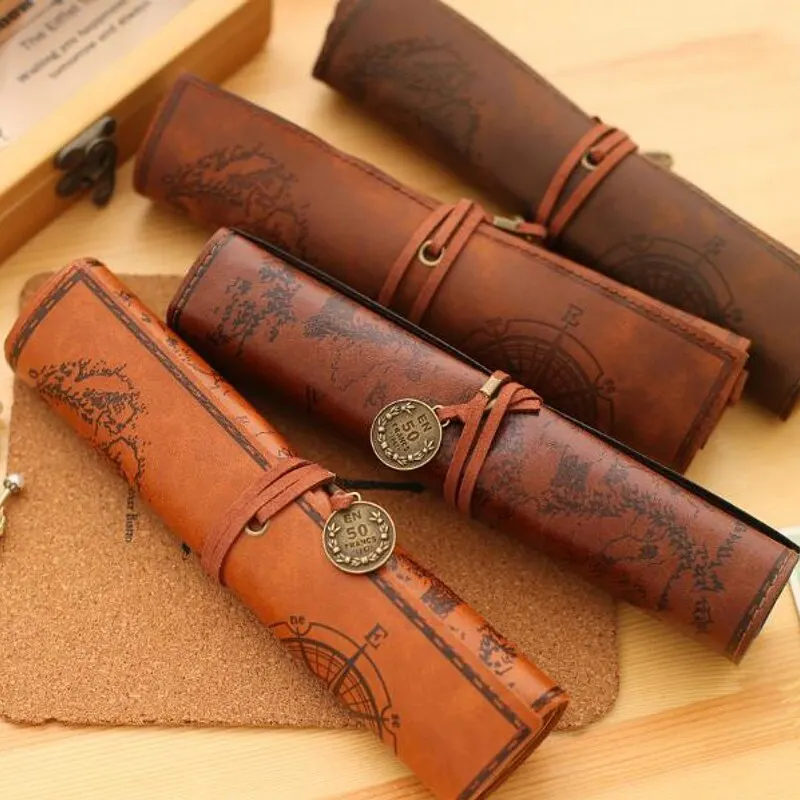  Treasure Map Leather PU Retro Boy Girl Pencil Bag Cosmetic Bag Roll Pen Bag For Student Gifts Stationery Brush Makeup Supplies 