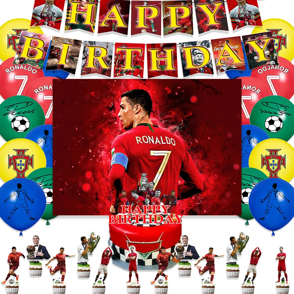 Déco Fête Anniversaire Football CR7 – 30 Pièces : Ballons, Bannière, Décorations Gâteau & Cupcakes