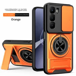 Dual - Function Ring Grip Magnetic Car Holder Case with Lens Protection for Infinix Hot 60 Pro (Orange)