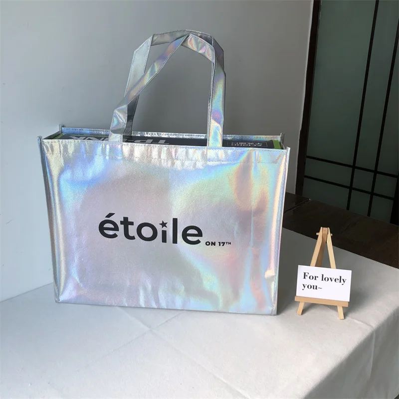 500pcs Large Capacity Holographic Packaging Laser Metallic Laminated Non-Woven PP Non Woven Shopping Tote Bags with