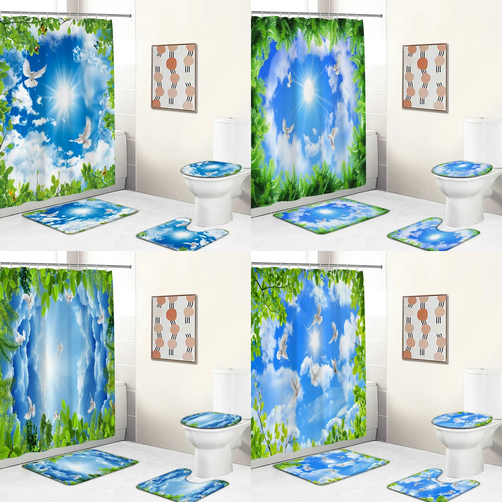 

3D Blue Sky white Clouds Dove Green Leaves Printing Shower Curtain Bathroom Curtains Set Bath Mat Rug Carpet cortina de ducha