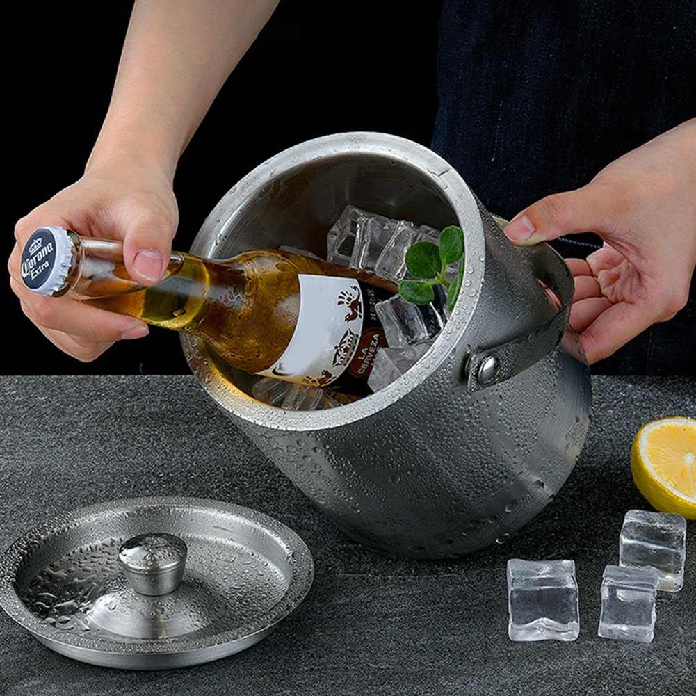 1.6L Double Layer Ice Bucket Silver Versatile Portable Stainless Steel Ice Bucket Wine Beer Cooler Party for Beach