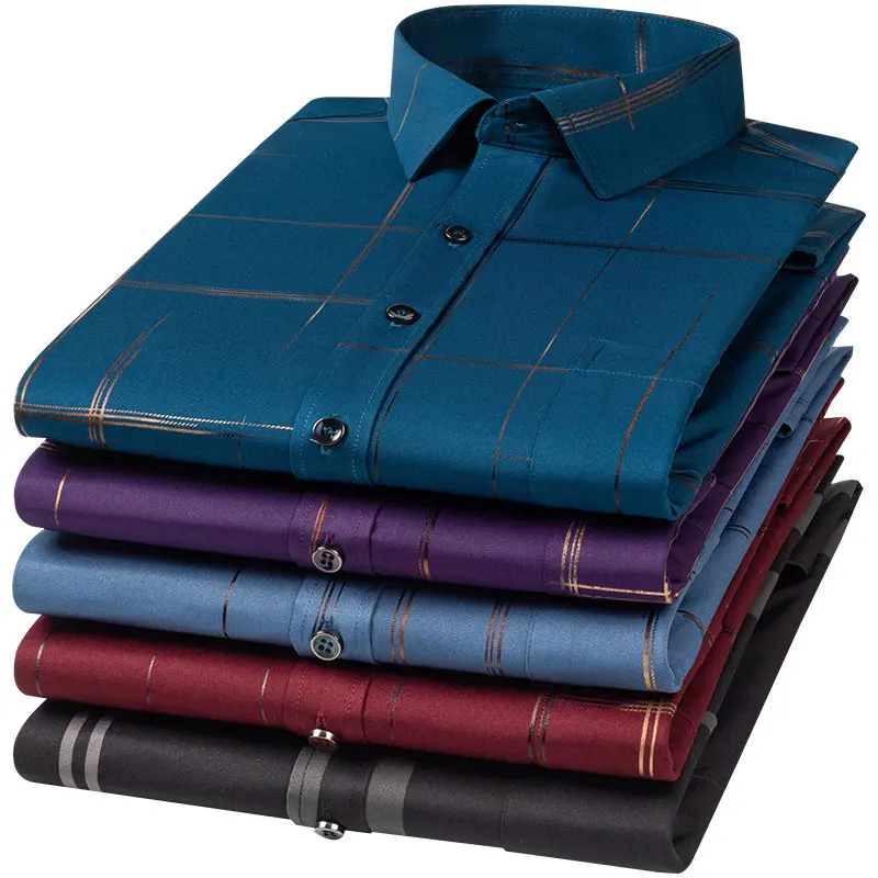 Plus Size 6XL Long Sleeve Men&lsquo;s Printed Plaid Stretchy Casual Shirts Large Regular Fit Elegant Social Work Business Dress Shirt