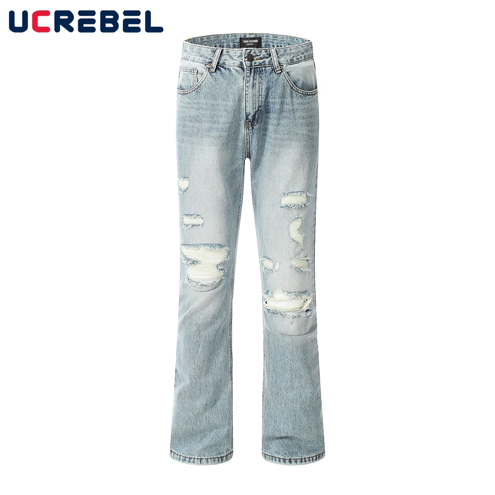 

Washed Blue Flared Pants Mens Vibe Style Straight-leg Distressed Streetwear Denim Pants Men
