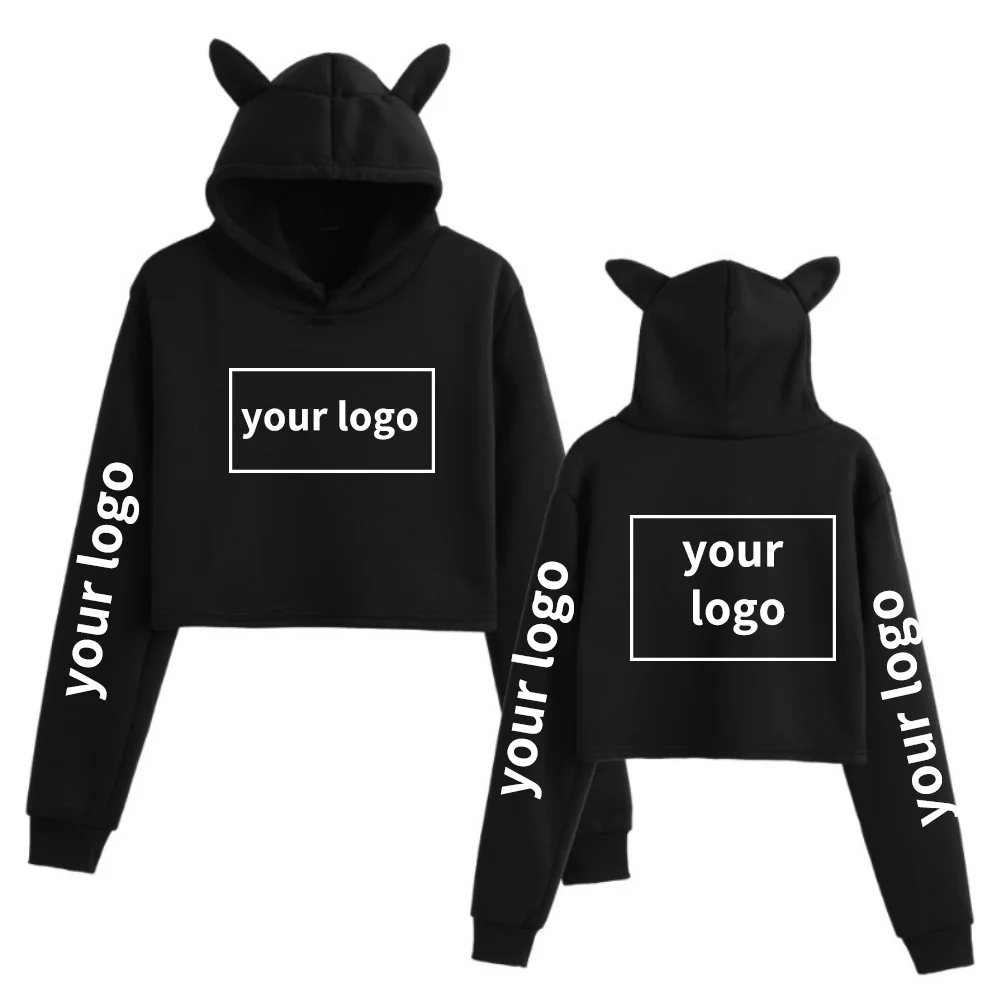 

Woman Custom Printing Cat Ear Hoodie Women Diy Your Like Photo or Logo Cropped Sweatshirts Female Casual Streetwear Crop Tops