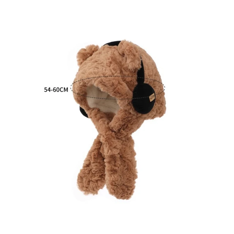 Winter Warm Plush Bear With Headphone Scarf Hat 2in1 Bear Ear Hat Hooded Cap Scarf Set Windproof Outdoor Cold Weather