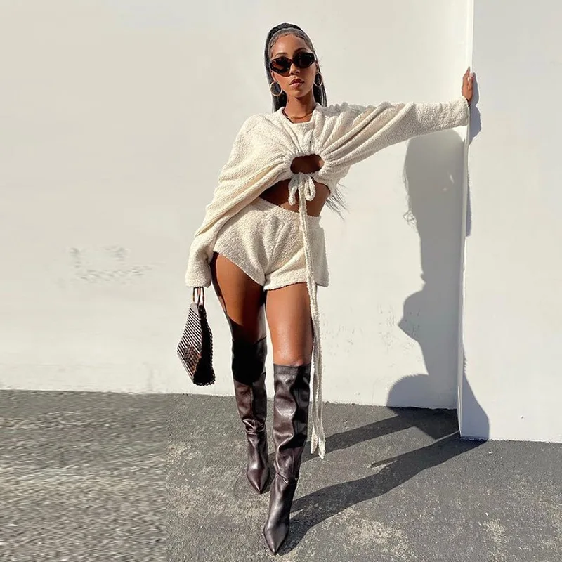 Autumn Women's 2024 Suit New Ladies Fashion Solid Color Long-sleeved Fleece Sweater Drawstring Shorts Suit Women
