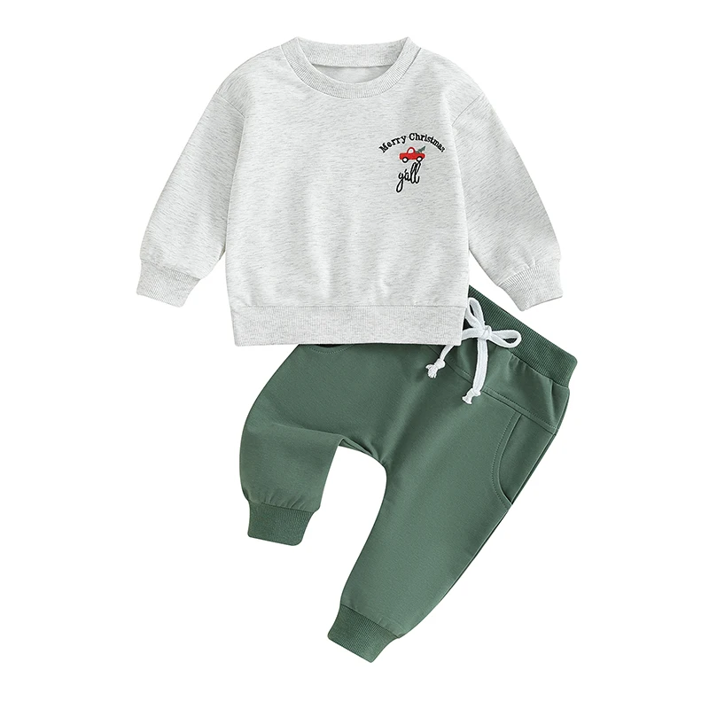 Toddler Boys Christmas Outfits Letter Truck Pattern Long Sleeve Sweatshirts and Solid Color Long Pants 2Pcs Clothes Set