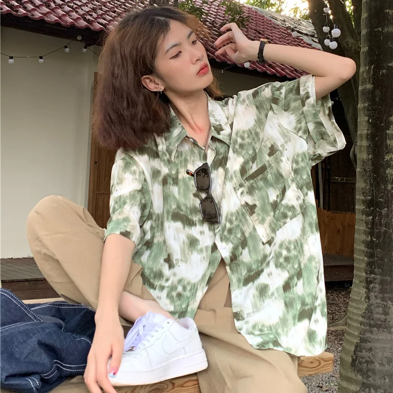 EBAIHUI Summer Hong Kong Vintage Women's Shirt Korean Ink Ladies Flower Blouse Loose Lapel Casual Short Sleeved Blusas