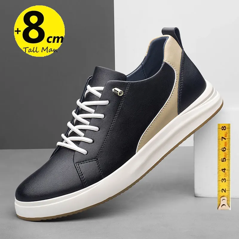 

Men's genuine leather sneakers elevator shoes black height increasing shoes men luxury 6cm 8cm white casual high quality