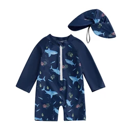 Kids Shark Print Rash Guard Swimsuit with Sun Hat - Long Sleeve Zip-Up Swimwear (2-Piece Set) - 3-4 Years (Blue)