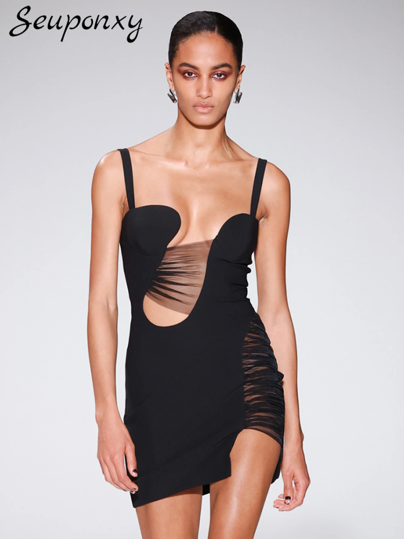 

High Quality Black 2023 Summer Women's Sexy Spaghetti Strap Mesh Hollow Bandage Mini Dress Elegant Celebrity Party Dress Vestido