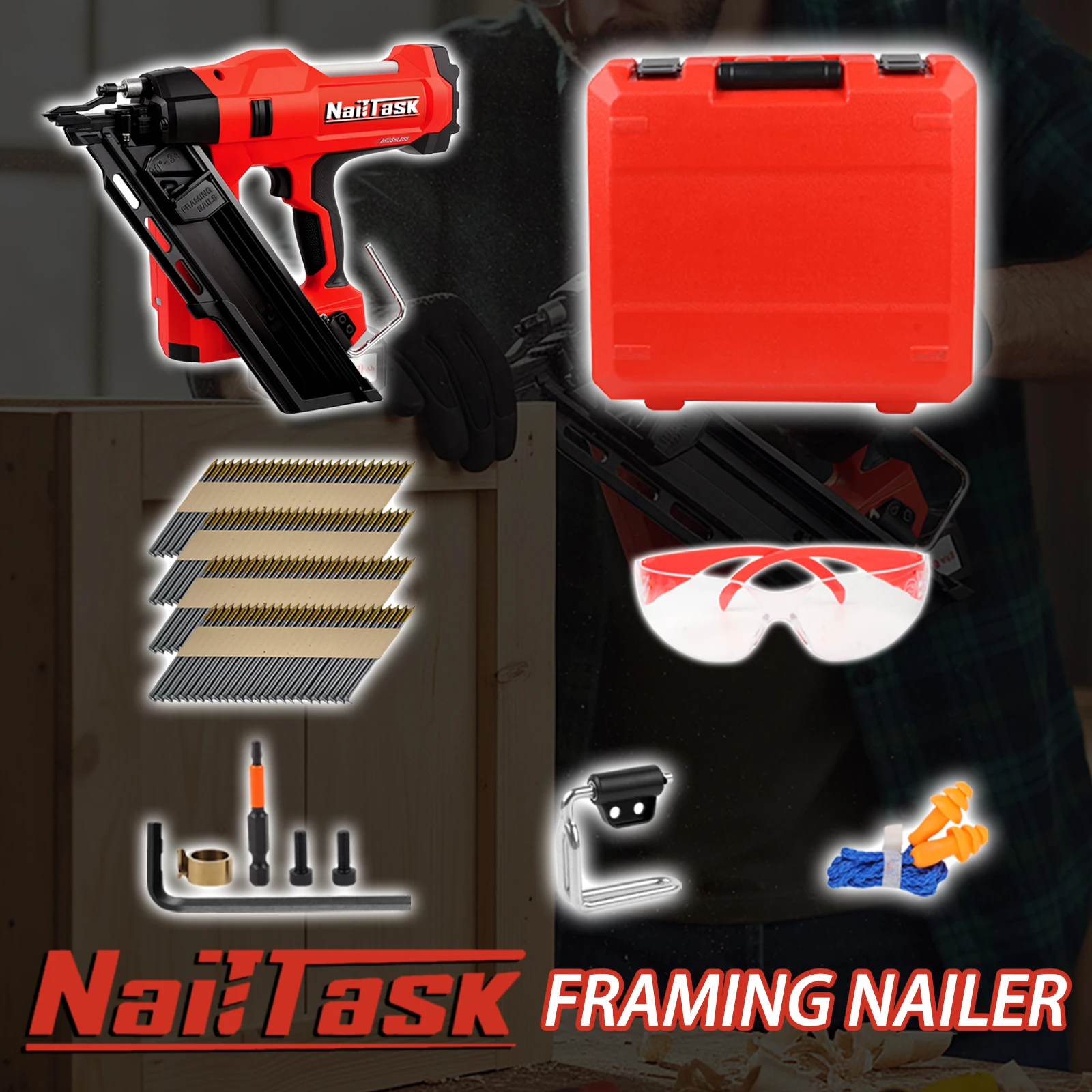 네일태스크 34 ° 무선 브러시리스 전기 스테이플 건(75mm 못 사용) - 가구 목공 도구용