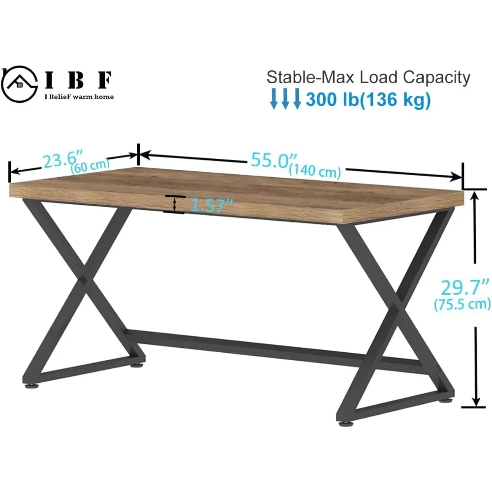 Farmhouse Work Study Writing Desk in Bedroom, Minimalist Wood Laptop Executive Workstation Computer PC Gaming Table,55 in
