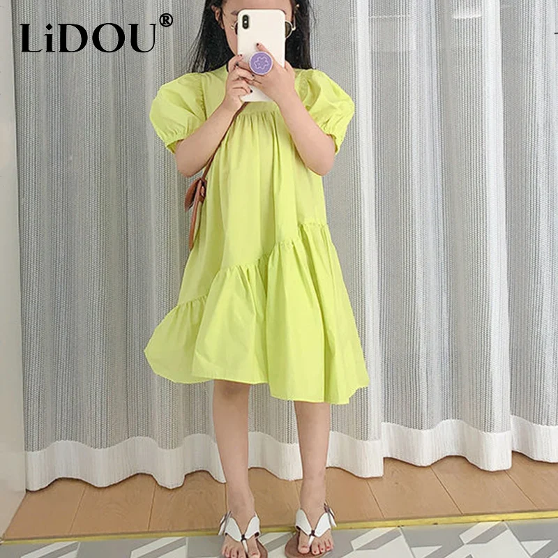 

2023 Summer New Korean Fashion Cute Kawaii Chic Y2k Aesthetic Sweet Casual Dress Solid Color Loose Clothes Children Girls