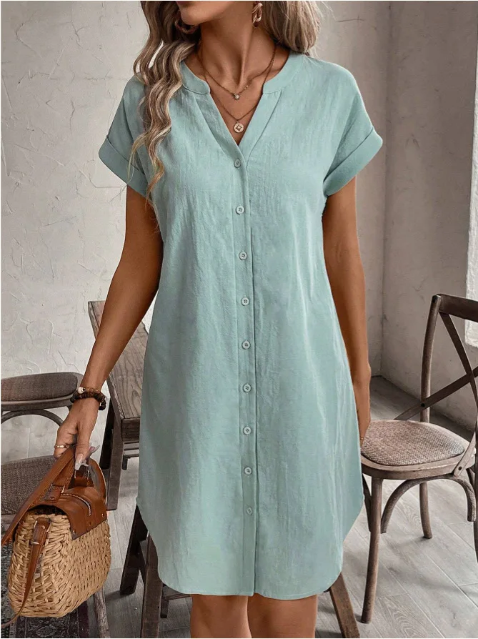Women Casual Blouse Dress Simple V Neck Button Linen Dress Pockets Loose Large Size Shirt Dress Plus Size Womens Dresses 1