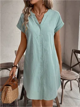Women Casual Blouse Dress Simple V Neck Button Linen Dress Pockets Loose Large Size Shirt Dress Plus Size Womens Dresses 1