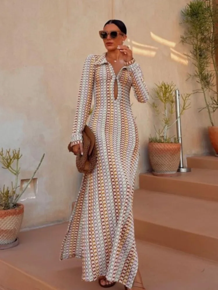 

sexy Hooked Crochet Women's Knit Fishtail Dress fashion slim lapel long Sleeved split robe 2023 Autumn lady prom chic Vestido