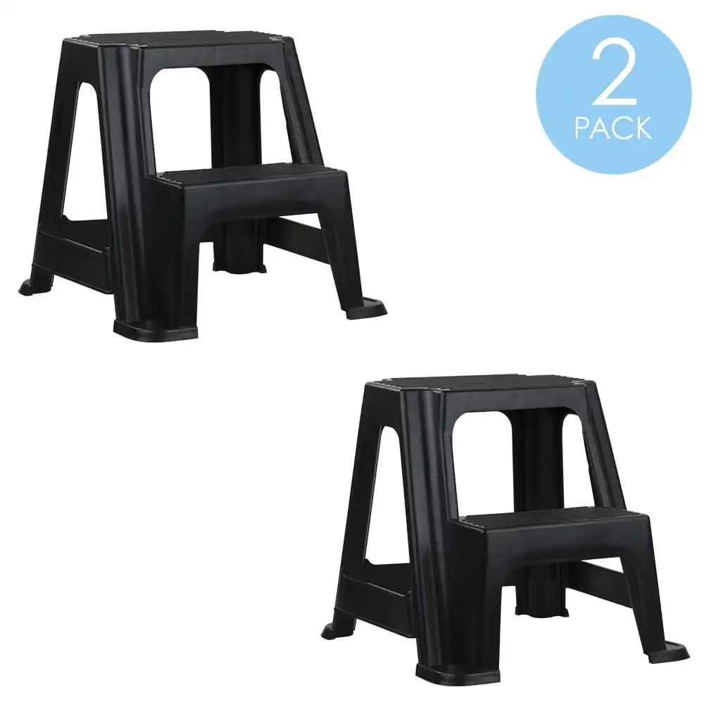 

2 Step Plastic Stool with Non-Slip Step Treads, Black, (2-Pack)