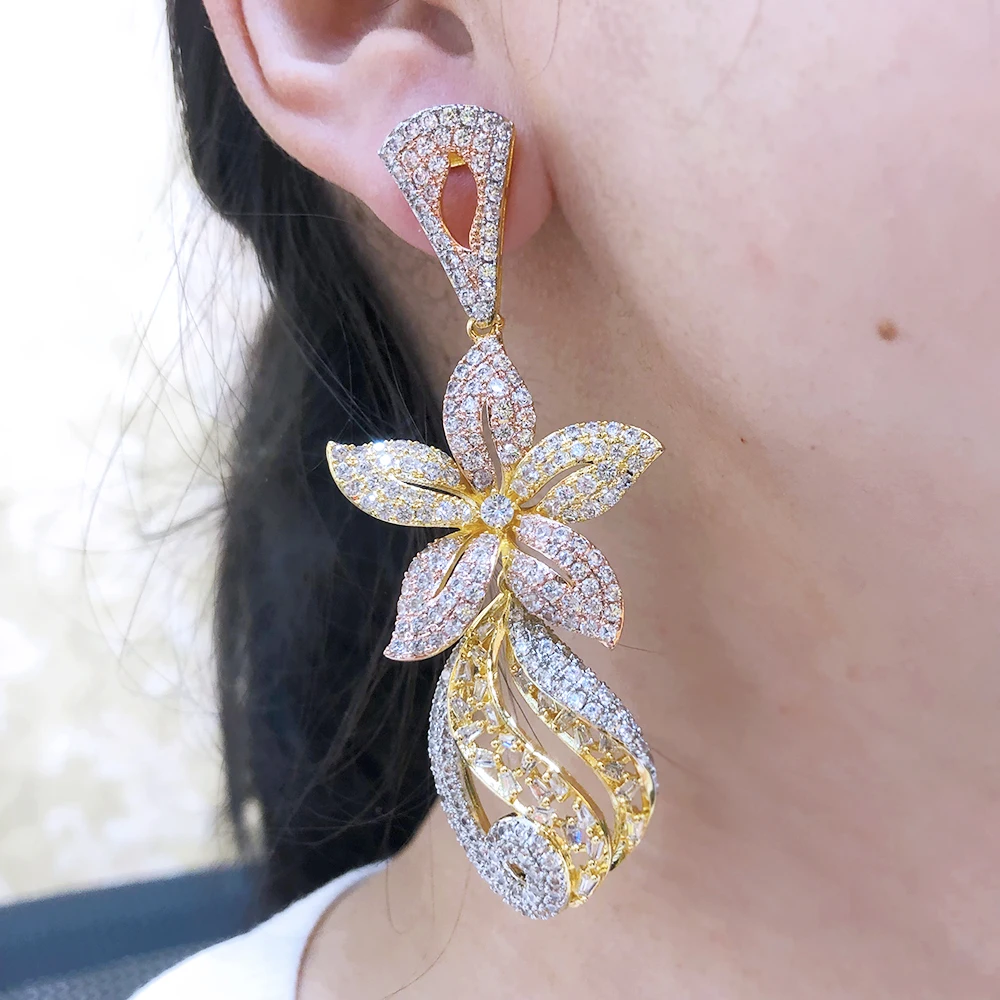 

SisCathy Elegant Lucky Flower Pendat Earrings Women Cubic Zirconia Party Prom Jewelry Accessory Valentine's Day boucle d'oreille