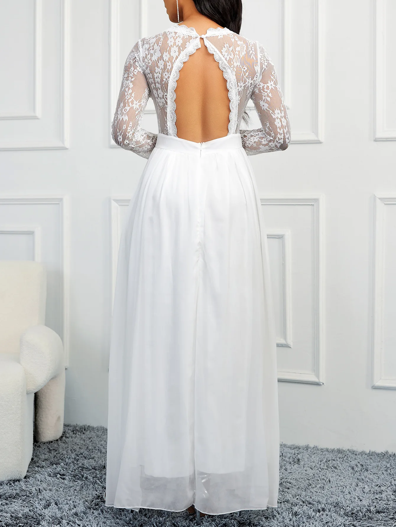 Elegant Wedding Dresses V-Neck Backless Evening Dress Tulle Sleeve Lace Robe De Soir&eacute;E De Mariage White Bridal Women Dress