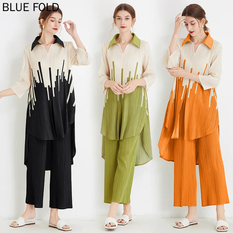 

MIYAKE PLEATS-Women's Wide Leg Suit, Temperament Contrast, Lapel, Long Shirt, High Waist, Slim, Pleated, 2 Piece Sets, Fashion