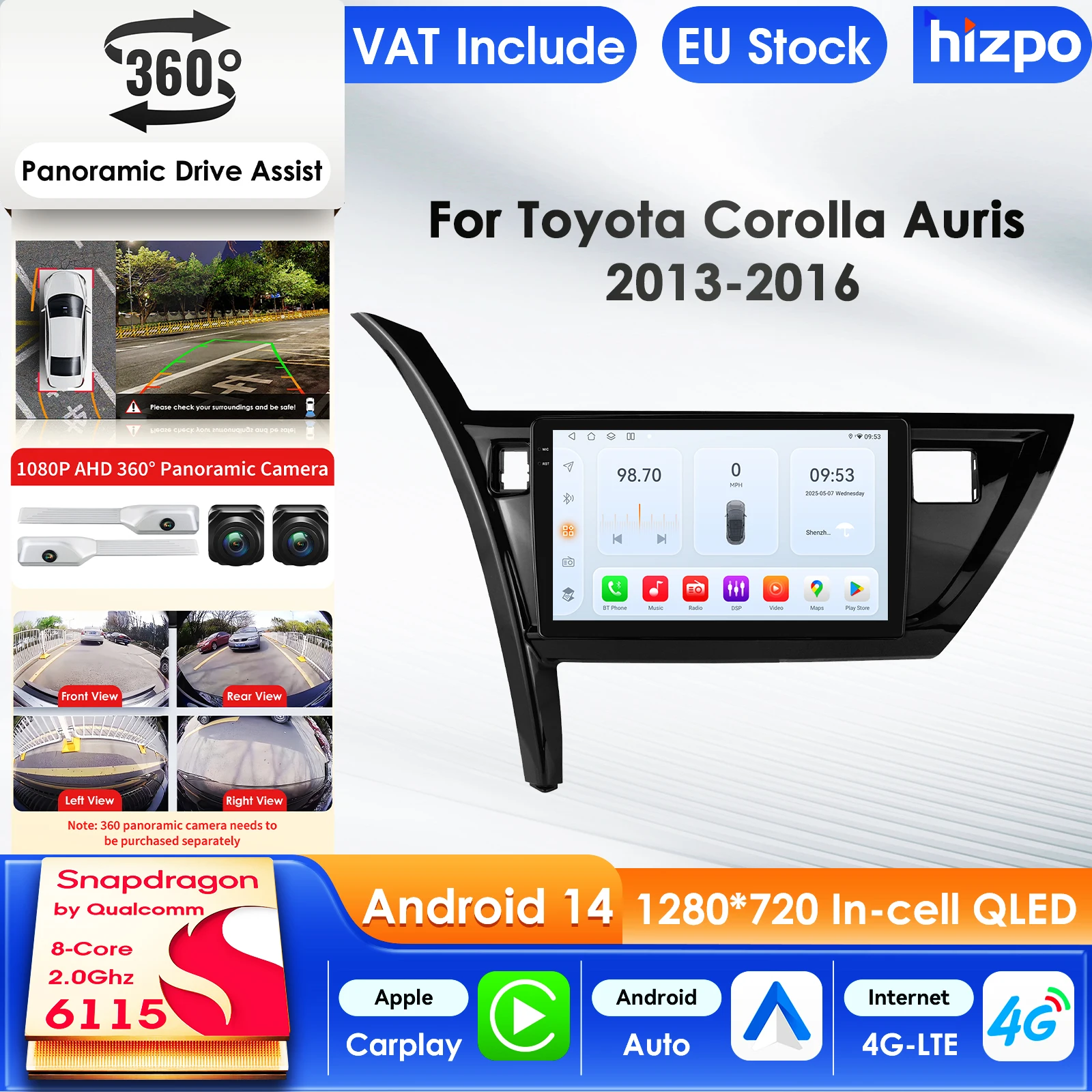 Hizpo Android 14 Auto-Multimedia-Player für Toyota Corolla Auris 2013–2016 GPS Carplay 4G AI Intelligenter Bildschirm Autoradio 360 KAM
