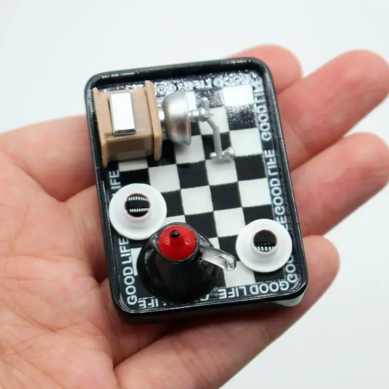 Dollhouse Miniature Coffee Maker Grinder Black And White Checkered Dinner Plate Set Model For Doll House Decor Pretend Play Toys
