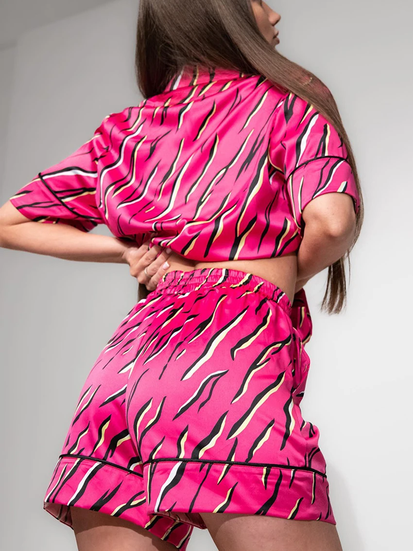 Marthaqiqi Printing Women'S Pajamas Suit Sexy Turn-Down Collar Sleepwear Short Sleeve Pyjamas Shorts Casual Home Clothes Ladies