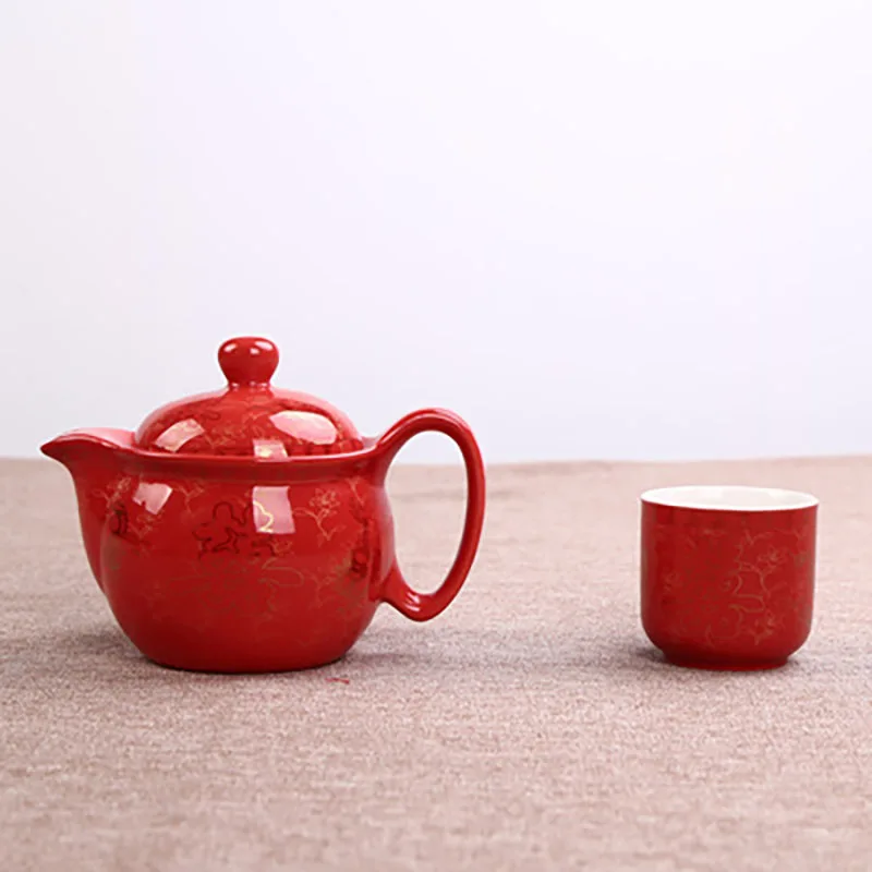 Chinese Traditional Ceramic Tea Set, Retro Red, Double Happiness Teapot Cup, Newlywed Souvenir Gift, Wedding Supplies